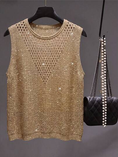 GlowEve CURVE 2026 New Holiday Style Mixed Gold & Silver Thread Plus Size Women's Knit Top, Simple Casual Design For Daily Wear, Vacation, Office And Campus