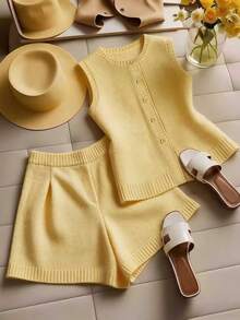 GlowEve CURVE Plus Size Women Solid Color Round Neck Top And Shorts Casual Daily Knit Set Fall - Yellow - View 1