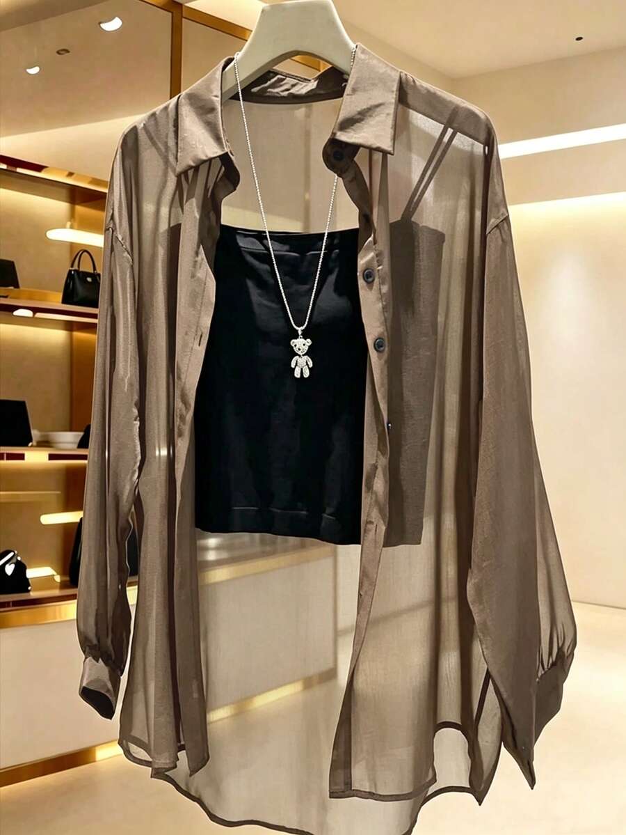 INAWLY 女款素色單排扣休閒百搭日常長袖襯衫 - 咖啡棕 - 查看 1