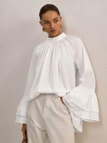 ATUI Studio Women's Stand Up Collar Pleated Loose Shirt With Double-Layer Ruffle Edge Flared Sleeve Design, - White - View 4