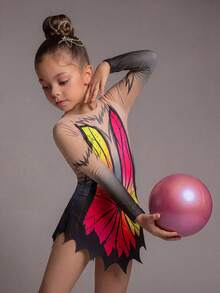 Young Girls' Patterned Gymnastics Leotard, Printed Design, High Elasticity Fabric, Team Competition, Individual Training - Multicolor - View 3
