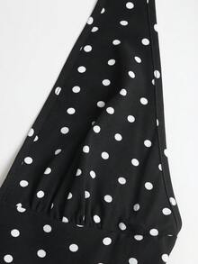 Sweetra Women's French Romantic Elegant Vintage Black Polka Dot Halter Neck Deep V-Neck Dress - Black - View 5