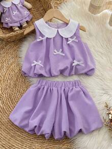 SHEIN Genkimix Kids 2件組少女 3D蝴蝶結裝飾休閒時尚彼得潘領無袖上衣 + 休閒時尚純色鬱金香短褲 - 紫色 - 查看 3