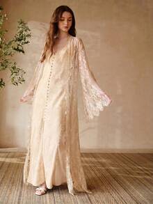 MOTF PREMIUM LACE SHEER BELL SLEEVE LONG ROBE - Apricot - View 4