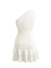 SHEIN Franclia 女款新款白色單肩泡泡紗面料腰部打褶輕便短洋裝，適合派對、度假、日常、海灘、休閒、婚禮、上班穿著 - 白色 - 查看 2