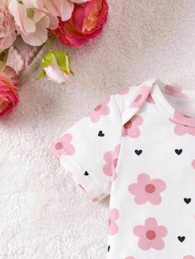 SHEIN 新生女嬰可愛夏季休閒針織粉色圖案短袖居家服套裝 - 淺粉色 - 查看 5
