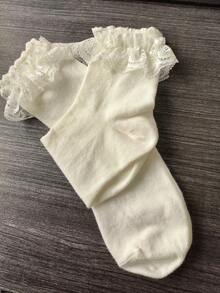 ROMWE Kawaii 女款素色蝴蝶結裝飾蕾絲拼接休閒中筒襪 - 米白色 - 查看 5