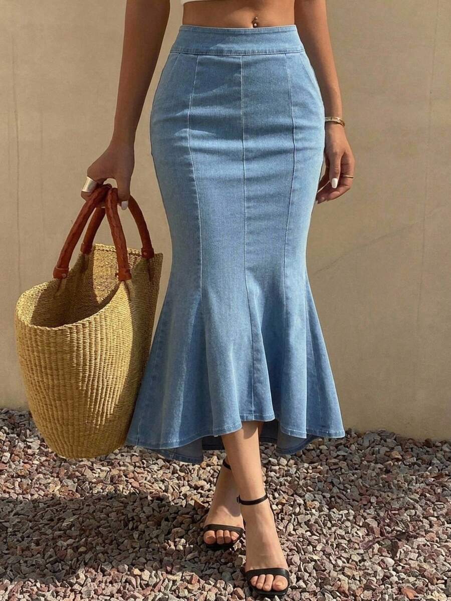 Wynsel Asymmetrical Hem Distressed Denim Bodycon Skirt For Women,Ruffle,Back To School Clothes Jeans Skirt - Medium Wash - View 1