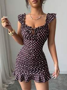 SHEIN Tall Summer Fashion Brown And White Polka Dot Print Ruffle Hem Mini Dress Night Out Club Sexy - Brown - View 5