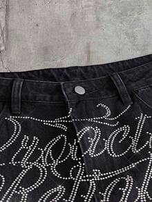 FeverCity Men's Letter Rhinestone Pattern Pocket Button Casual Versatile Daily Travel Denim Shorts - Black - View 4