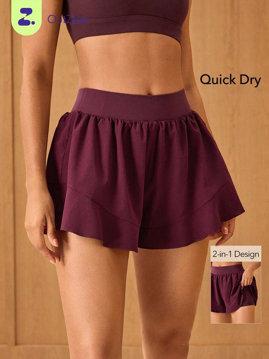 OutZeal Shorts de gimnasia para mujer, shorts deportivos de unicolor para entrenamiento y tenis con shorts incorporados, dobladillo con volantes, prendas inferiores activas para verano y primavera - Burdeos - Ver 1