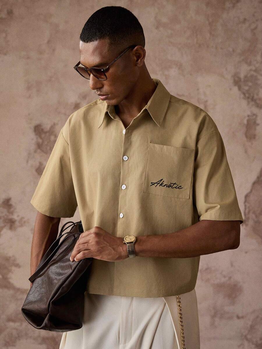 AKNOTIC Men's Summer Casual Letter Embroidered Short Sleeve Shirt - Khaki - View 1