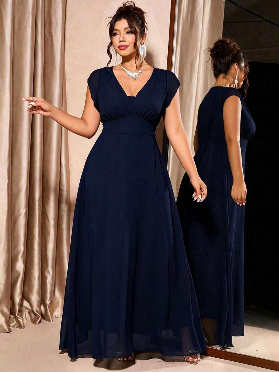 Elenzga Plus Size Women's Solid Color Pleated Evening Dress - Navy Blue - View 1