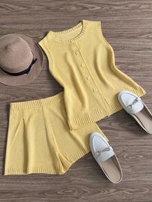 GlowEve CURVE Plus Size Women Solid Color Round Neck Top And Shorts Casual Daily Knit Set Fall - Yellow - View 3