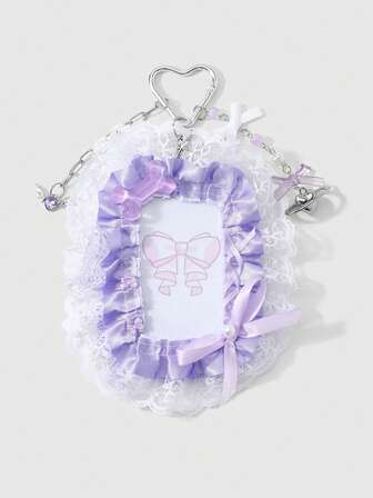 Anime 1 Portachiavi creativo viola con ali di osso "AB a doppio lato", fiocco d'amore e pizzo plissettato, ciondolo per borsa fai-da-te, regalo festivo per impiegati e studenti