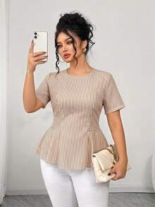 Elenzga Plus Size Women's Elegant Casual Versatile Round Neck Beige Short Sleeve Flared Blouse, Spring/Summer Office Formal - Khaki - View 7