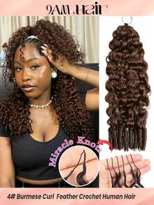 Boho Braids Miracle Knots Crochet Human Hair 100% Remy Burmese Curl Feather Line Crochet Hair Braids Salon Silky Seamless Invisible Solid Color 4# Medium Brown Reddish Feather Crochet Human Hair Braiding For Women Micro Pre Looped Burmese Curly Extensions - S4# - View 1