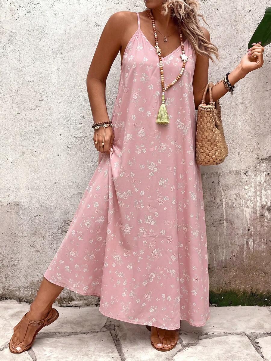 Breezaya Women's Plus Size Ditsy Floral Spaghetti Strap Loose Fit Casual Vacation Spring Summer Long Dress - Pink - View 1