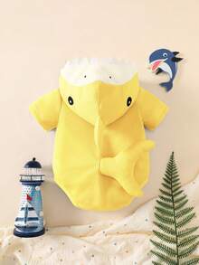 SHEIN 新生兒可愛鯊魚 3D 刺繡短袖連帽包屁衣 - 黃色 - 查看 6