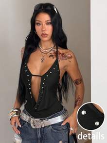 Coolane Women's Deep V Neck Halter Neck Spaghetti Strap Rivet Design Sexy One-Piece Bodysuit, Suitable For Casual, Vacation, Party - Black - View 4