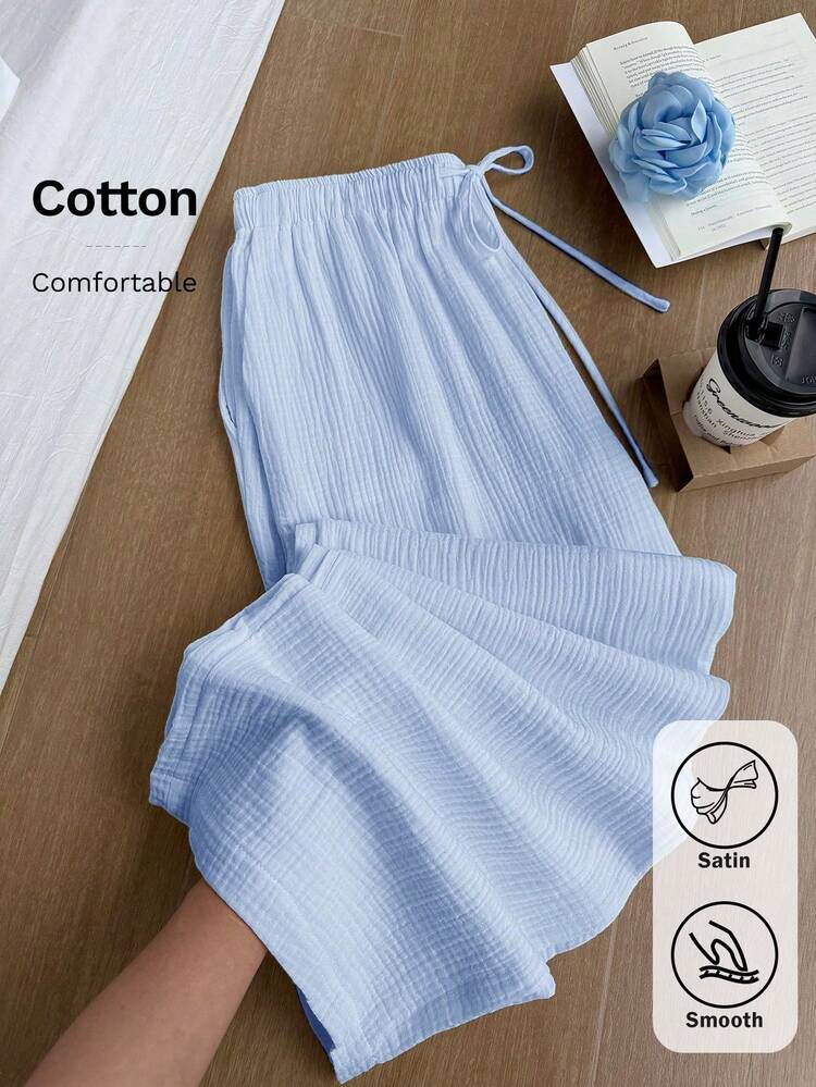 Comfortcana Plus Size Loose Pleated Texture Fabric Drawstring Waist Casual Curve Wide Leg Pants, Light Blue, Summer Formal Loungewear - Blue - View 9