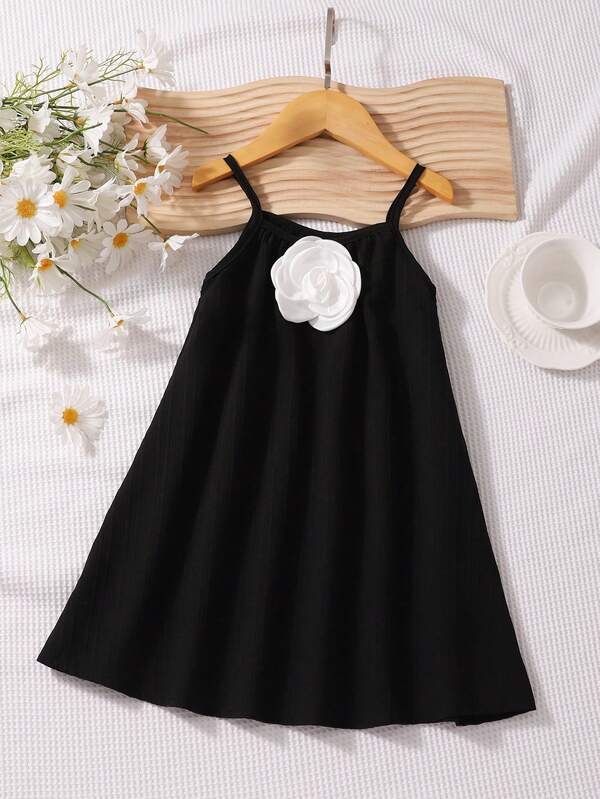 Girls' (Small) Floral Print Hem Casual, Vacation Spaghetti Strap A-Line Dress