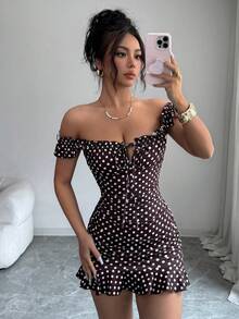 SHEIN Tall Summer Fashion Brown And White Polka Dot Print Ruffle Hem Mini Dress Night Out Club Sexy - Brown - View 6