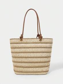 SHECARRY Women's Fashion Beige Striped Straw Tote Bag, Contrasting Color Splicing Large Capacity Shoulder Bag, Suitable For Summer Vacation, Travel, Beach, Seaside, Bohemian - Beige/Khaki - View 4