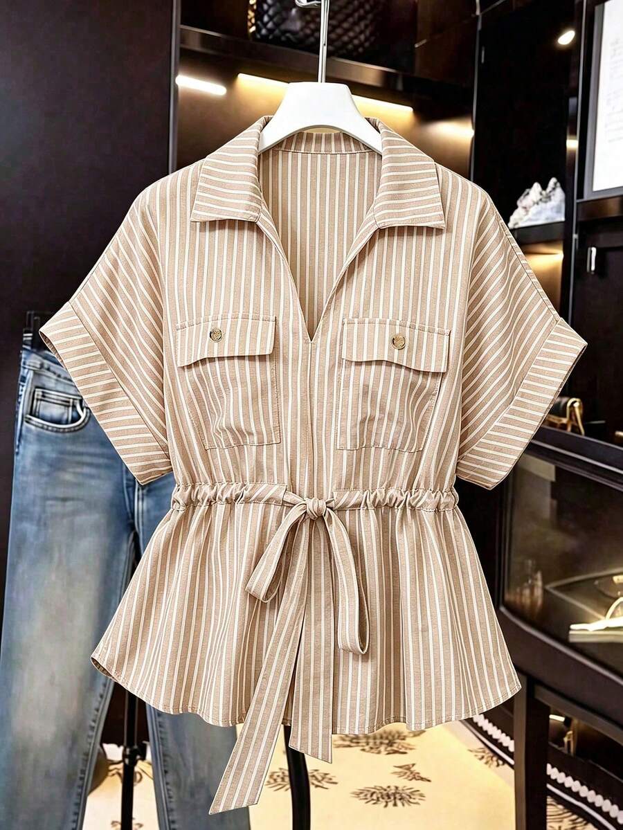 GlowEve CURVE Plus Size Women's New French Elegant Traditional Minimalist Commuter Casual Vacation Lapel Summer Solid Color V-Neck Front Slit Waist Cinched Shirt - Multicolor - View 1