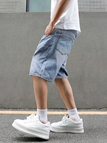 Manfinity EMRG 男士宽松休闲牛仔百慕大短裤，带口袋，夏季牛仔短裤 - 淺色水洗藍 - 查看 6
