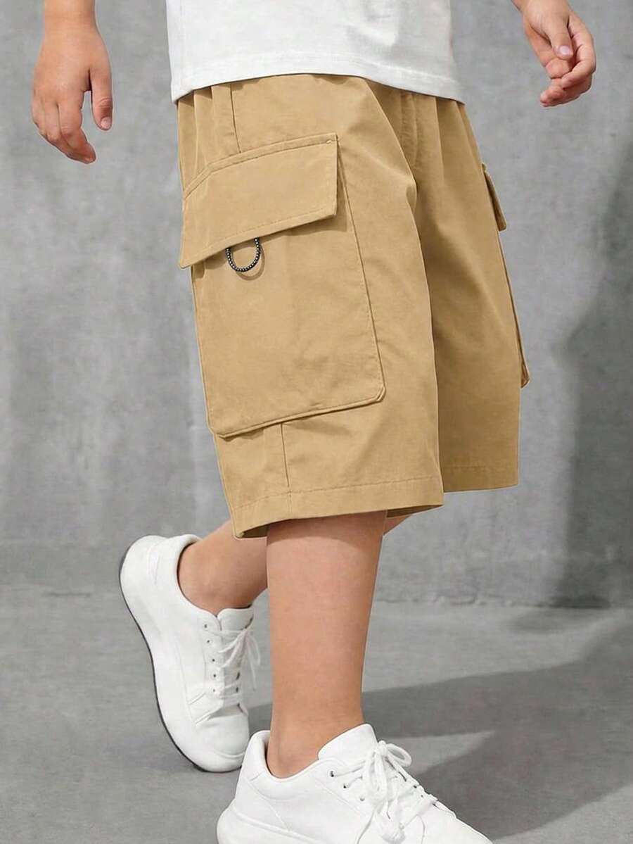 SHEIN Pantalones cortos cargo casuales versátiles de unicolor para uso diario y viajes para adolescentes - Caqui - Ver 1