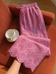 Comfortcana Plus Size Fuchsia Embroidered Loose Pants, Spring/Summer - Hot Pink - View 5