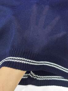 Manfinity Dauomo Atasan Rajut Lengan Pendek Leher V Bergaris Gaya Komuter Amerika, Sweater Kardigan Kasual Berkerah Saku Kancing Tunggal Bergaris Warna Kontras Bergaris dengan Gaya Komuter Amerika - Navy Blue - View 4