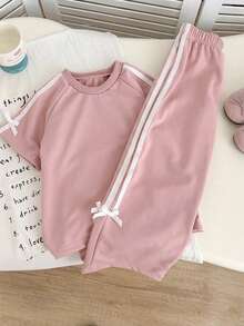 SHEIN Genkimix Kids 2pcs Young Girl Bow Ribbon Decor Casual Fashion Short Sleeve T-Shirt + Bow Ribbon Decor Casual Fashion Straight Leg Pants - Pink - View 3