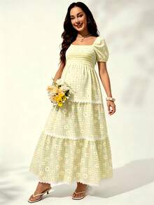 SHEIN Elegant Plaid Print Square Neck Casual Short Sleeve Maternity Dress Sage Green Summer - Yellow - View 6