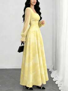 Modelyn Vestido largo de mujer con cuello cuadrado y mangas farol, estampado de flores de hibisco en estilo ditsy, cintura ceñida, vestido floral de color amarillo claro, adecuado para vacaciones de verano y uso diario - Multicolor - Ver 4