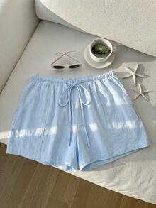 Comfortcana Plus Size Casual Loose Light Blue Drawstring Shorts, Spring/Summer Comfortable Cotton Drawstring Shorts - Baby Blue - View 11