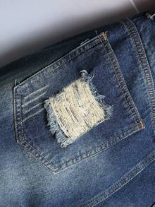 Manfinity Homme Plus Size Men's Casual Pockets Distressed Denim Shorts, Versatile Jean Shorts For Men Ripped, Emo Style - Blue - View 5