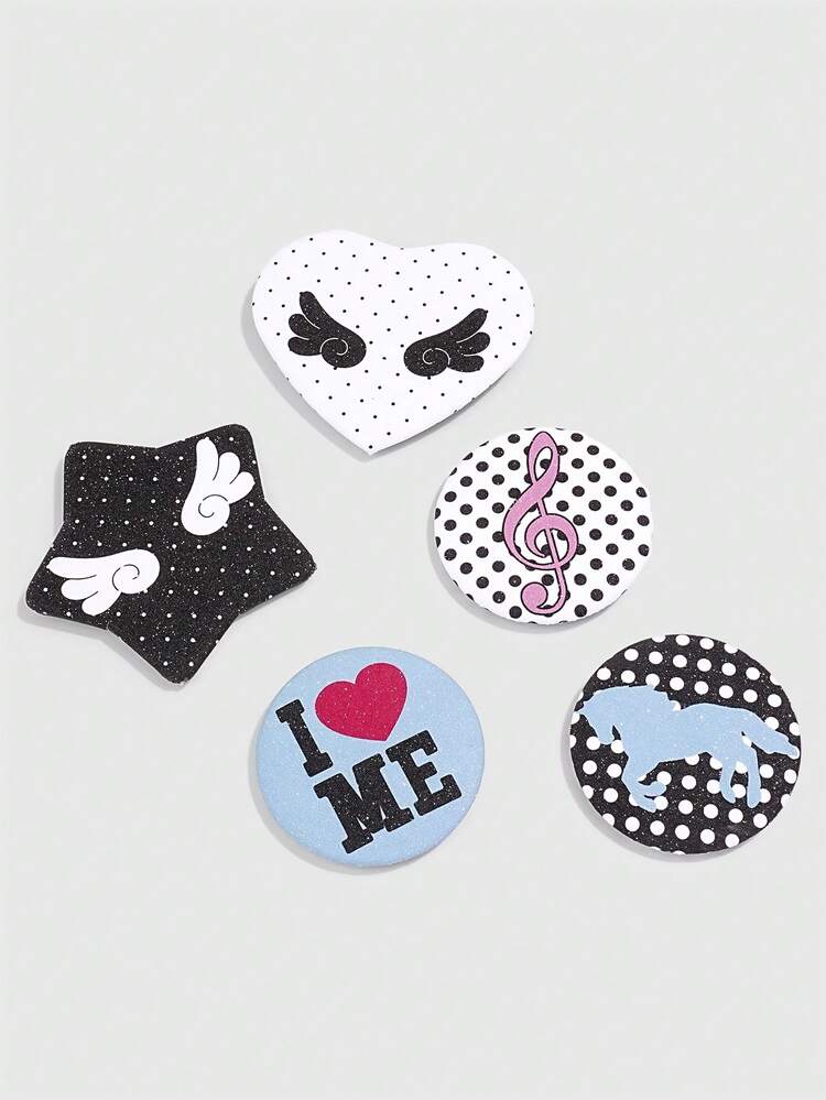 ROMWE Kawaii 5PCS Cute Pink Striped, Star, Polka Dot & Wing Pattern Brooch Pins, Decorative Badges Buttons For Clothes, Bags And Backpacks - Color G - View 4
