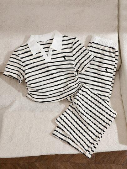 SHEIN 2pcs/Set Girls' T-Shirt And Pants Set, Fashionable Versatile Simple Casual Style, Black And White Striped Knit Polo Collar Small V-Neck Short Sleeve Top With Matching Color Loose Straight Leg Pants, Cartoon Animal Pattern Embroidery, Simple Sporty Commuter, Suitable For Girls' Outdoor Casual Vacation Travel Wear, Suitable For Daily Casual Comfortable Wear