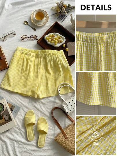 Comfortcana กางเกงขาสั้นเอวยางยืดลายสก๊อตสีเหลืองและขาวทรงหลวมลำลองสำหรับฤดูร้อนไซส์ใหญ่