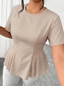 Elenzga Plus Size Women's Elegant Casual Versatile Round Neck Beige Short Sleeve Flared Blouse, Spring/Summer Office Formal - Khaki - View 4