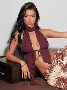 Denimoi Women's Solid Color Halter Neck Backless Sexy Versatile Date & Outing Top - Red Violet - View 2