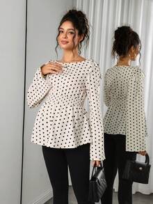 Momance Maternity Polka Dot Top, Shirred Waist, Long Sleeve , Fashionable Versatile Pregnancy, French Retro, Sweet & Spicy Style, Spring/Autumn - Multicolor - View 6