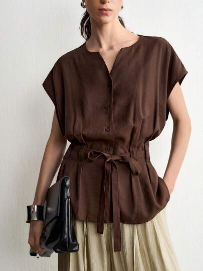 Aalyst Women's Spring/Summer Jacquard Cotton French Style Elegant Sophisticated Office Commute Casual Vacation Romantic High-End Beach Party Afternoon Tea Round Neck Dolman Sleeve Open Front Tie Waist A-Line Coffee Color Short Blouse
