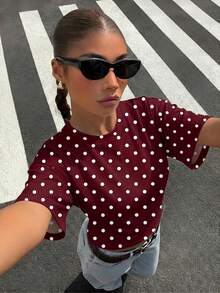 Muchica 休閒簡約波爾卡圓點印花酒紅色女款T恤，適合夏季 - 彩色 - 查看 6