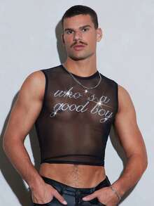 FeverCity Top casual transparente con letras y strass para hombre - Negro - Ver 5