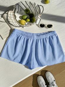 Comfortcana Plus Size Solid Color Elastic Waist Loose Casual Versatile Shorts, Soft Shorts For Spring & Summer, Blue - Blue - View 8