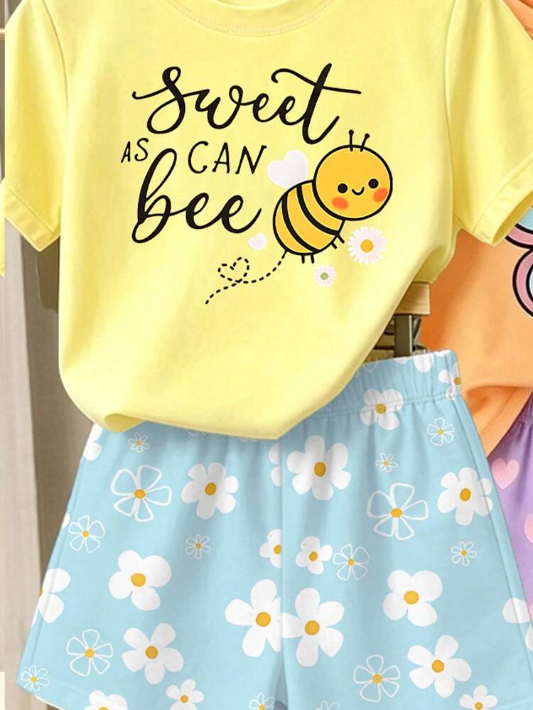 (Random 3 Sets, Send 1 Set) Girls' Fresh Kawaii Cute Carrot Rabbit Butterfly Bee Pattern Basic Short T-Shirt & Colorful Shorts Set - Multicolor - View 5