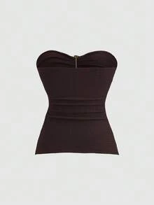 Sweetra Women's Spring/Summer Coffee Color Strapless Ruched Waist Slim Fit Metal Buckle Decor Top - Brown - View 2